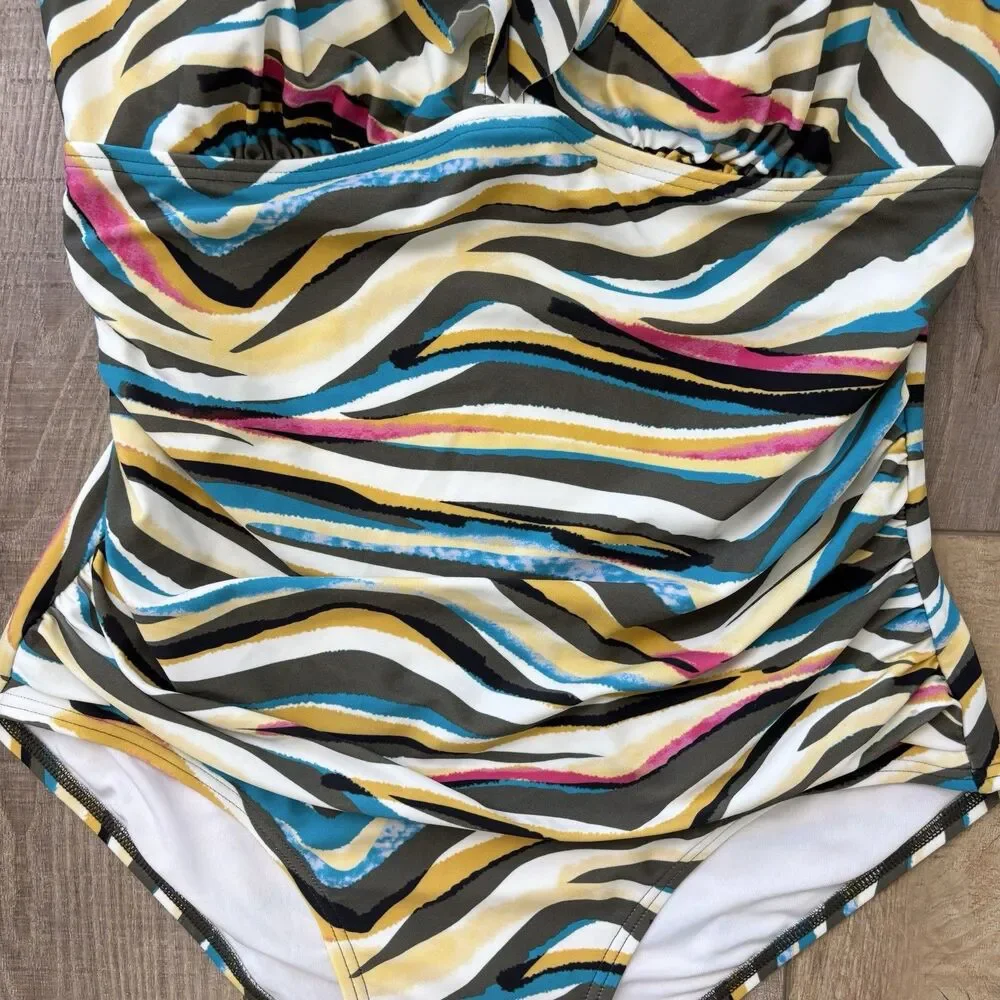DKNY Women Ruffle One Piece Swimsuit Size 12 Colorful Ruched Tummy Control Artsy - Picture 3 of 16